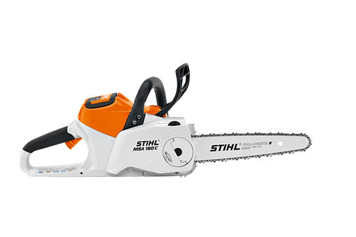 MSA 160 C-B La prima innovativa motosega a batteria STIHL. Motosega a batteria per l’uso in zone sensibili al rumore. Tendicatena rapido STIHL, freno catena QuickStop Super, tappo serbatoio senza uso di utensili, con catena 1/4" PM3 per un taglio fine e una elevata prestazione di taglio, peso 3,1 kg